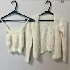 韓国 ホワイト シャギーニットカーディガン・キャミセット
