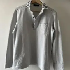 グレー ストライプ襟 長袖ポロシャツ