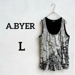 海外古着‼︎A.BYER 【L】モノクロフリルノースリーブチュニック ブラウス
