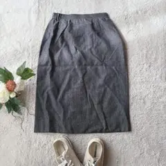 美品(S)シルク混/絹/ヒザ丈スカート/毛混/日本製/タイト/黒/オフィス