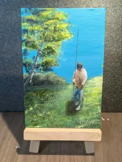 釣りする人　アクリル画 小型
