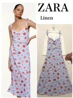 匿名配送　新品　ZARA リネン　ブレンド　キャミソールワンピース　花柄