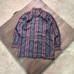 7BS2 ストライプ長袖シャツ　ウール　レトロ　ヴィンテージ　古着