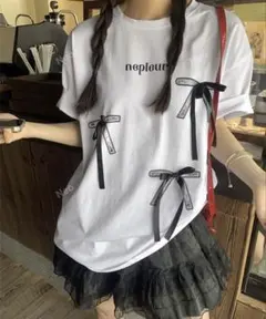 SHEIN リボン付き オーバーサイズ 半袖 Tシャツ ホワイト