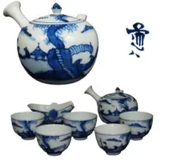 Y2520 高橋道八造 山水画入漢詩青華磁茶鐘並甌一式 茶器揃 共箱　ma Y2520 高橋道八造 山水画入漢詩青華磁茶鐘並甌一式