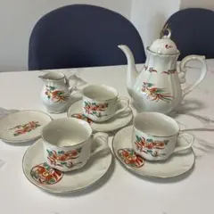 美濃焼　赤絵花鳥柄　ティーセット