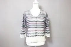 ストライプ 五分袖カーディガン レース