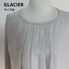 GLACIER 薄いグレー ストライプ プリーツブラウス 長袖サイズM【389】