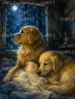 ゴールデンレトリバーと赤ちゃんの絵画 アート　a39のサムネイル