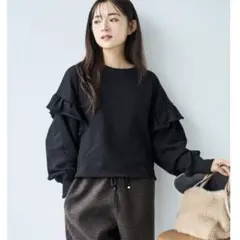 mil ミル　低身長　袖フリル　クロップド　スウェット　ブラック　裏毛　S