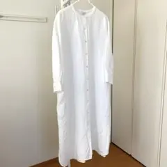 【美品】 HEAVENLY リネン100% ノーカラーシャツワンピース 七分袖