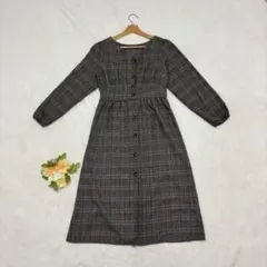［HUDSON honey］チェック長袖ワンピース（M）Ｖネック　綿