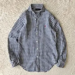 ラルフローレン リネン シャツ 長袖 カッタウェイ XS 青白ギンガムチェック