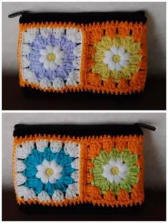 グラニースクエア♥ぷっくりお花のポーチ♥かぎ針編み