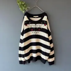 キューティーブランド［L］美品◎大人ナチュラル◎フラワー刺繍◎ボーダー柄ニット