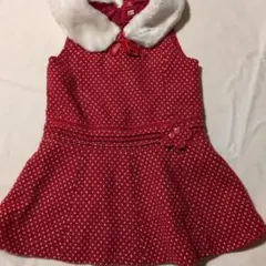 西松屋 キッズ ノースリーブワンピース レッド ドット柄 ファー襟 110cm
