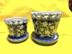 青と白の花柄 陶器植木鉢３個セット　大中小