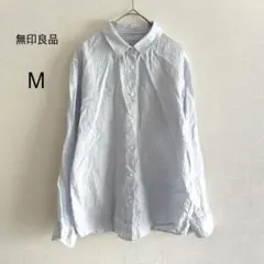 麻100% 無印良品 リネンシャツ 長袖 ストライプ ライトブルー 水色 Mのサムネイル