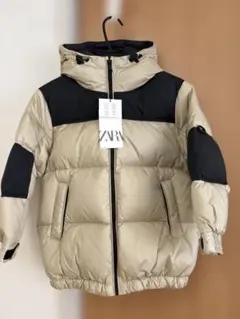 ZARA フード付フェザー入りダウンコート ベージュ・黒　120サイズ　新品
