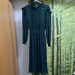 ZARA ザラ プリーツシフォンワンピース ロング ダークグリーン