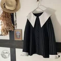 ハンドメイド　ビッグカラー　アンティーク　ブラウス　ジャケット　ストライプ　黒