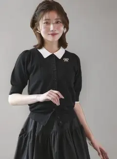 ルイルエブティック☆半袖パフスリーブ　ニットカーディガン　ネイビー　薄手　Mのサムネイル