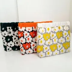 北欧　花柄　バネポーチ　3点セット　ハンドメイド　ポーチ　黄色　オレンジ　緑