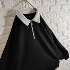 ゆるダボ ハーフジップ トレーナー サイドライン 襟 黒 太アーム L ブルー