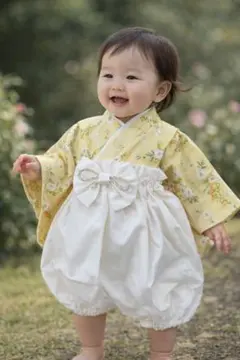 【１点のみ】ベビー袴　花柄✕オフホワイト　3ヶ月〜　イエロー　初節句