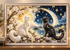 幻想的 アートパネル 猫 月 星 インテリア 絵画0099