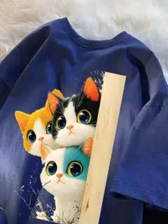 猫イラスト プリント半袖Tシャツ ネイビー サイズ：3XL 綿：100%