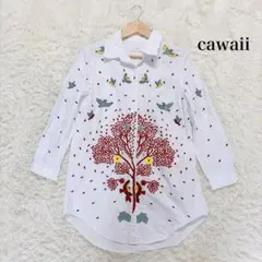 cawaii 鳥柄 花柄 刺繍 ホワイト 長袖シャツチュニックのサムネイル