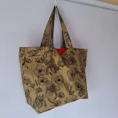 渋っ艶　カーキ大人花柄×赤　大容量　便利　コンパクト　デデカトートバッグ