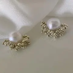 本真珠バロックつぶつぶビーズ編みピアス、イヤリング シルバー 入学式卒業式