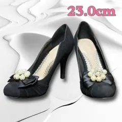 大人かわいい パールビジュー リボンパンプス 23.0cm ラメヒール 結婚式