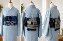 ハンドメイド ワンタッチ作り帯 半幅帯 刺繍入り 黒 モード 和洋折衷