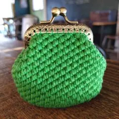 ハンドメイドかぎ針編み 角口金ミニがま口ポーチ グリーン