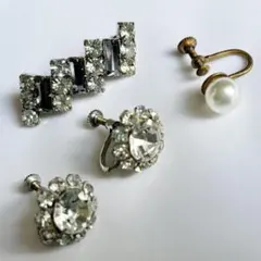 イヤリング　ブローチ　ペア　ダイヤ風　パール風　レトロ　昭和レトロ　ヴィンテージ