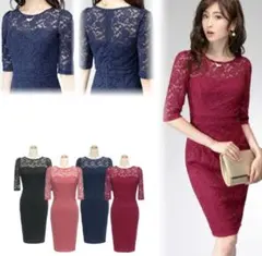 新品/ひざ丈総レースタイトワンピースドレス/パーティー/ブラック/Lサイズ