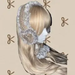 編み物　イヤーマフ　ハート型　ハンドメイド ベージュと茶色　耳当て　手編みy2k