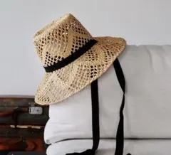 ロンハーマン　透かし編みベージュ麦わら帽子 ネイビーリボン付き
