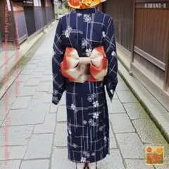 アンティーク着物 紺地×白格子 花模様 和モダン 大正ロマン 普段着・お出かけに