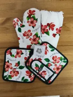 A.J.&W. ハイビスカス柄 キッチンミトン 鍋敷き タオルセット