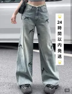 SHEIN リボン ワイドデニム ジーンズ y2k