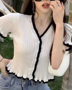 【SHEIN】ホワイトリブニット 半袖 フリル付き トップス M 韓国