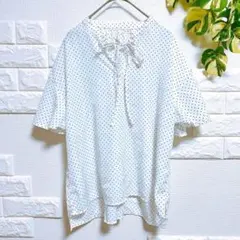 アース　ブラウス　ドットシャツ　美品　Ｆ　リボン　シアー　女っぽ　上品　お洒落