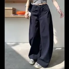 服 ワイドパンツ ネイビー ハイウエスト ルーズフィット Sサイズ