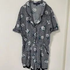 ONE CLOTHING 【M】ストライプ×花柄 オールインワン ロンパース