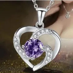 新品　大人気　ハート型　ネックレス　人工アメジスト　シルバー色ネックレス　紫石