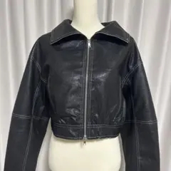 襟2Way配色ステッチダブルジップレザーブルゾン